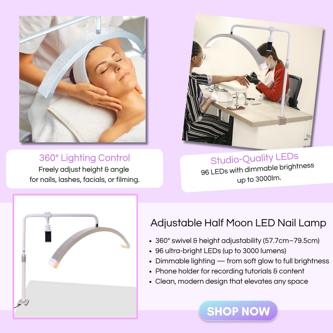 Adjustable Half Moon LED nail lamp — arched desk light with phone holder, shown in salon use and product shot (NSI Australia)