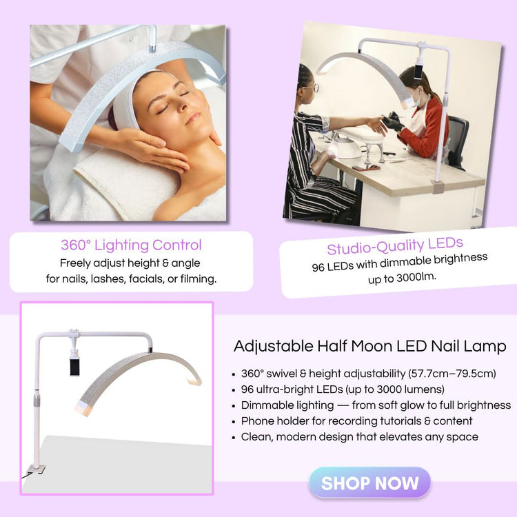 Adjustable Half Moon LED nail lamp — arched desk light with phone holder, shown in salon use and product shot (NSI Australia)