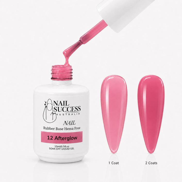 Afterglow Rubber Base Gel - open bottle with brush and swatches