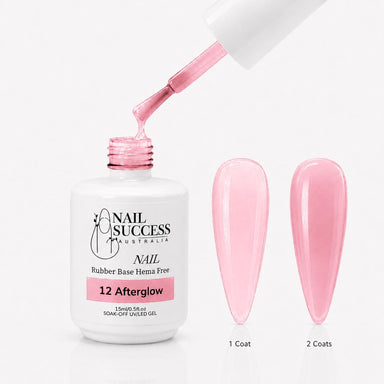 Afterglow Rubber Base Gel - open bottle with brush and swatches