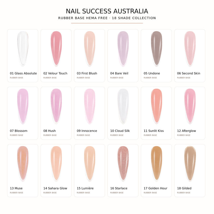 Nail Success Rubber Base Gel HEMA Free - 18 shade collection chart