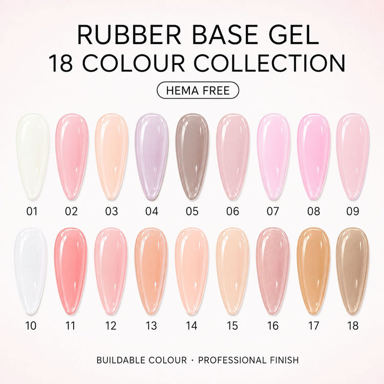 Nail Success Rubber Base Gel - 18 colour shade chart