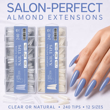 Almond Nail Tips Clear and Natural 240pcs boxes by Nail Success Australia with finished almond nail set