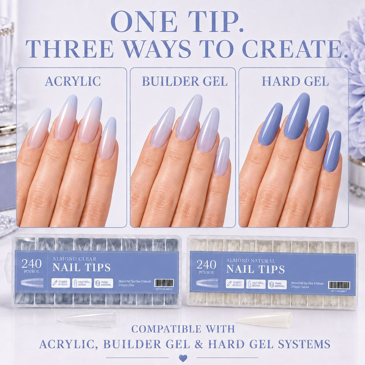 Almond Nail Tips compatible with acrylic, builder gel and hard gel nail extension systems