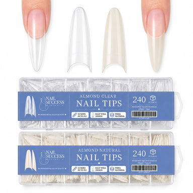 Almond Nail Tips Clear and Natural 240pcs boxes by Nail Success Australia with almond tips shown on the nail and 12 sizes per box