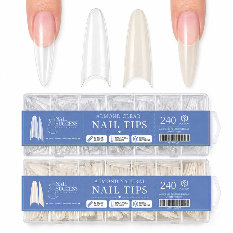 Almond Nail Tips Clear and Natural 240pcs boxes by Nail Success Australia with almond tips shown on the nail and 12 sizes per box