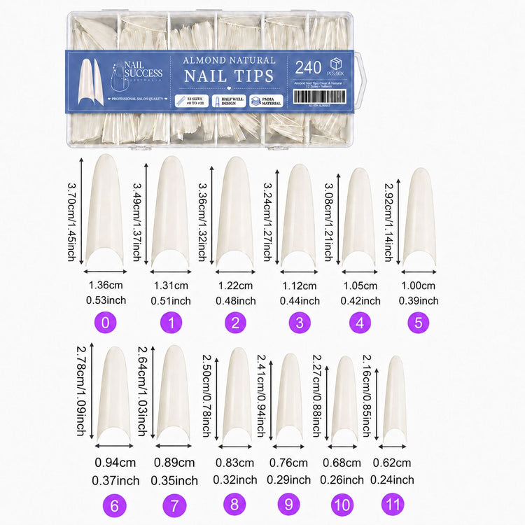 Almond Natural Nail Tips size chart with 12 sizes 0 to 11 and measurements in cm and inches