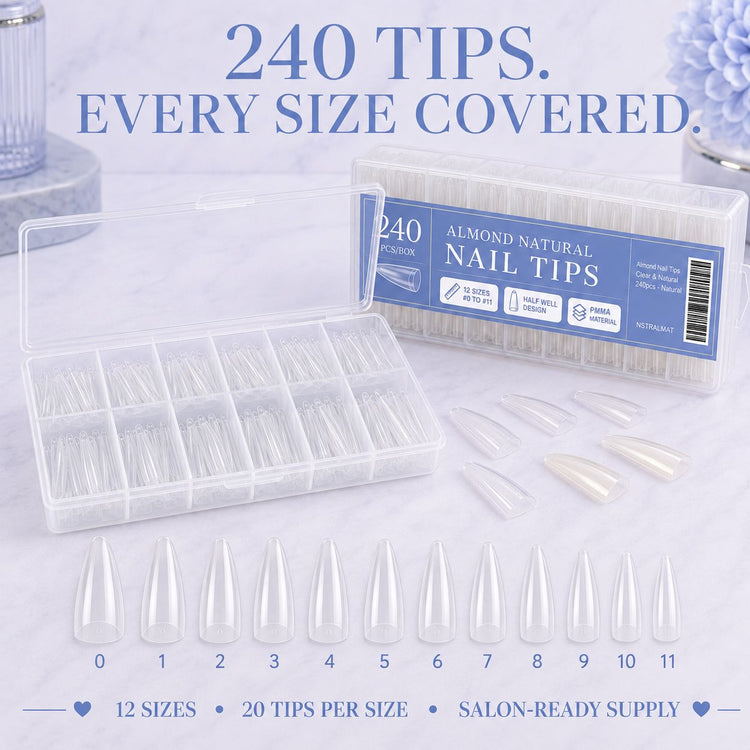 Almond Nail Tips 240 pieces across 12 sizes numbered 0 to 11 with 20 tips per size