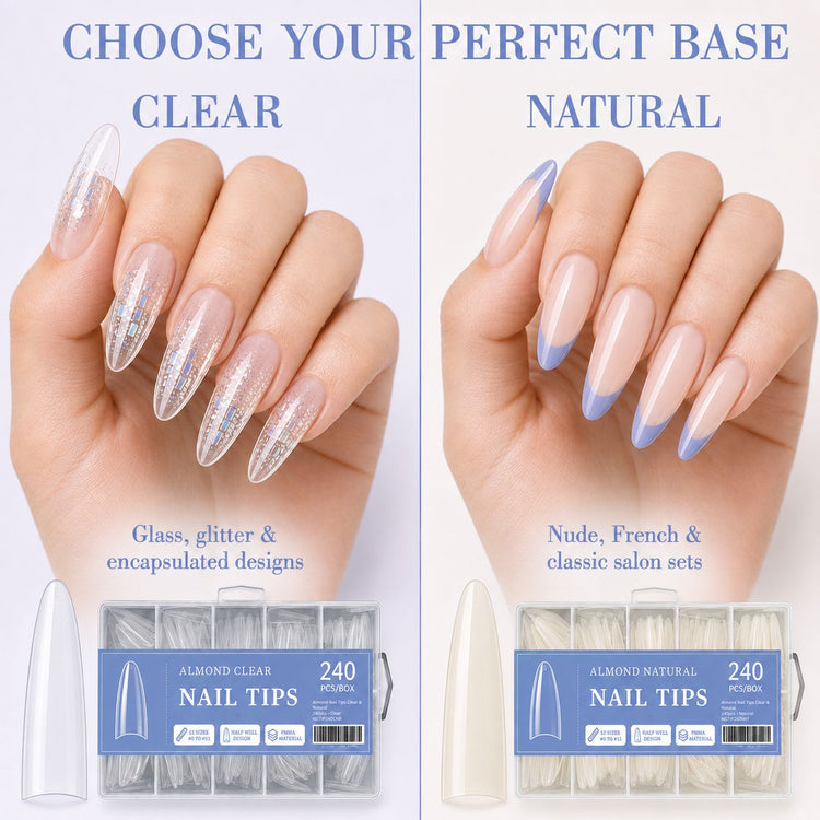 Almond Nail Tips Clear versus Natural comparison for glitter encapsulated and French salon nail designs