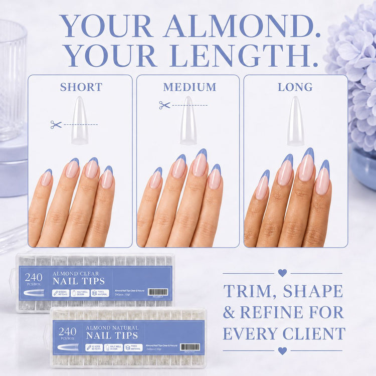 Almond Nail Tips trimmed to short, medium and long lengths showing customisable almond nail extensions