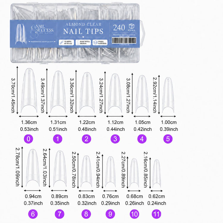 Almond Clear Nail Tips size chart with 12 sizes 0 to 11 and measurements in cm and inches