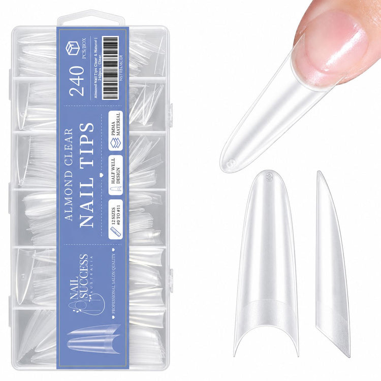 Almond Nail Tips Clear 240pcs box by Nail Success Australia with clear almond tips on white background