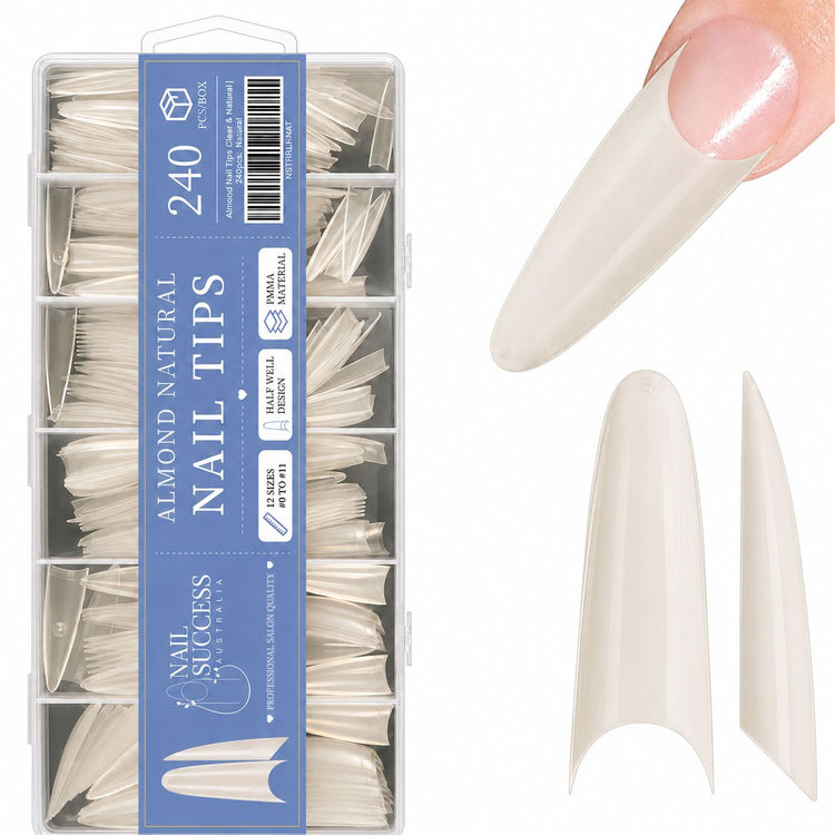 Almond Nail Tips Natural 240pcs box by Nail Success Australia with natural almond tips on white background