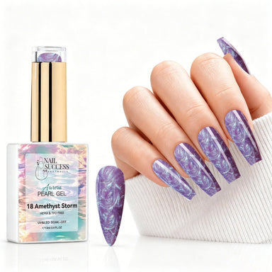 Amethyst Storm aurora pearl gel polish with purple amethyst pearl shimmer swatch and matching manicure for HEMA and TPO free salon nails
