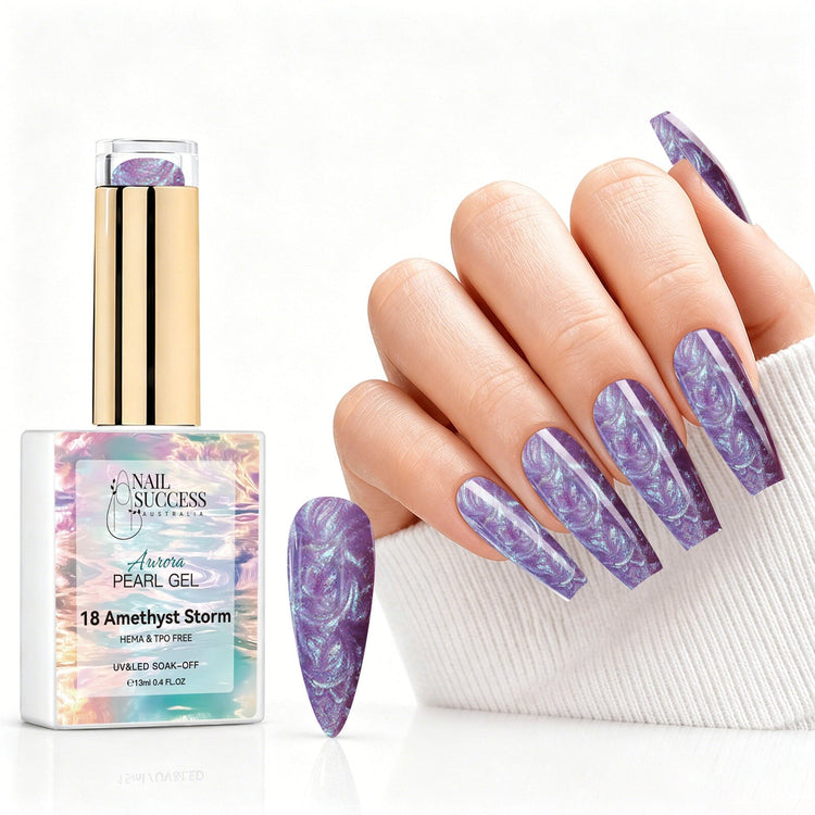 Amethyst Storm aurora pearl gel polish with purple amethyst pearl shimmer swatch and matching manicure for HEMA and TPO free salon nails
