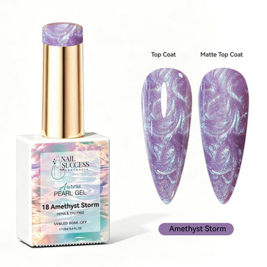 Nail Success Australia Aurora Pearl Gel in Amethyst Storm, shown with glossy and matte purple pearl shimmer swatches for soak-off gel polish manicures