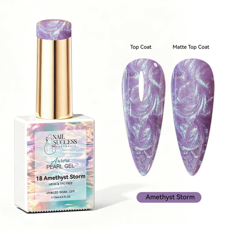 Nail Success Australia Aurora Pearl Gel in Amethyst Storm, shown with glossy and matte purple pearl shimmer swatches for soak-off gel polish manicures