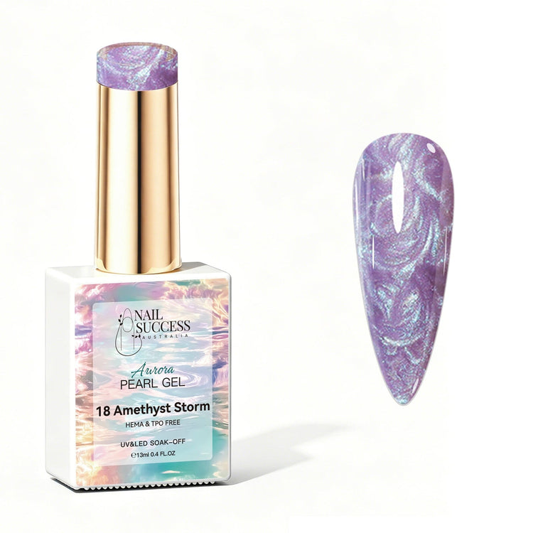 Nail Success Australia Aurora Pearl Gel in Amethyst Storm, shown with purple pearl shimmer swatch and glossy soak-off gel polish finish