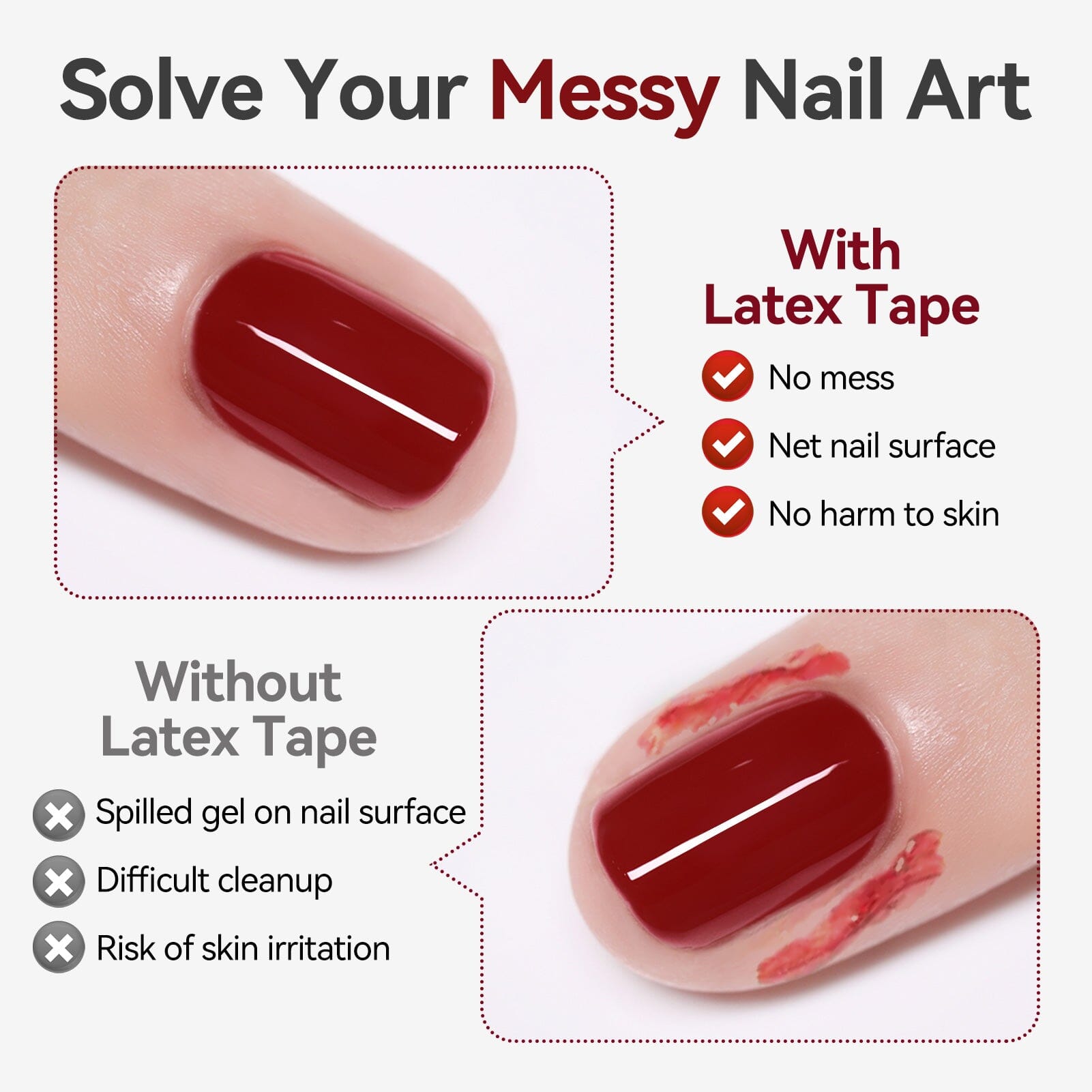 Born Pretty peel off nail latex tape – before and after comparison showing clean manicure with latex barrier vs messy nail art without.