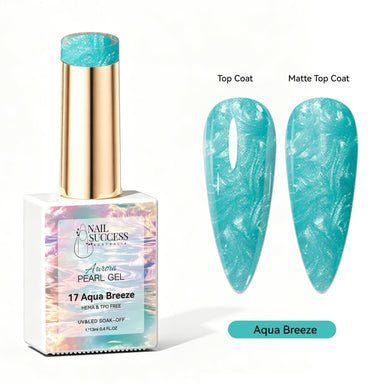 Nail Success Australia Aurora Pearl Gel in Aqua Breeze, shown with glossy and matte aqua blue pearl shimmer swatches for soak-off gel polish manicures