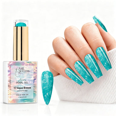 Aqua Breeze aurora pearl gel polish with turquoise pearl shimmer swatch and matching manicure for HEMA and TPO free salon nails
