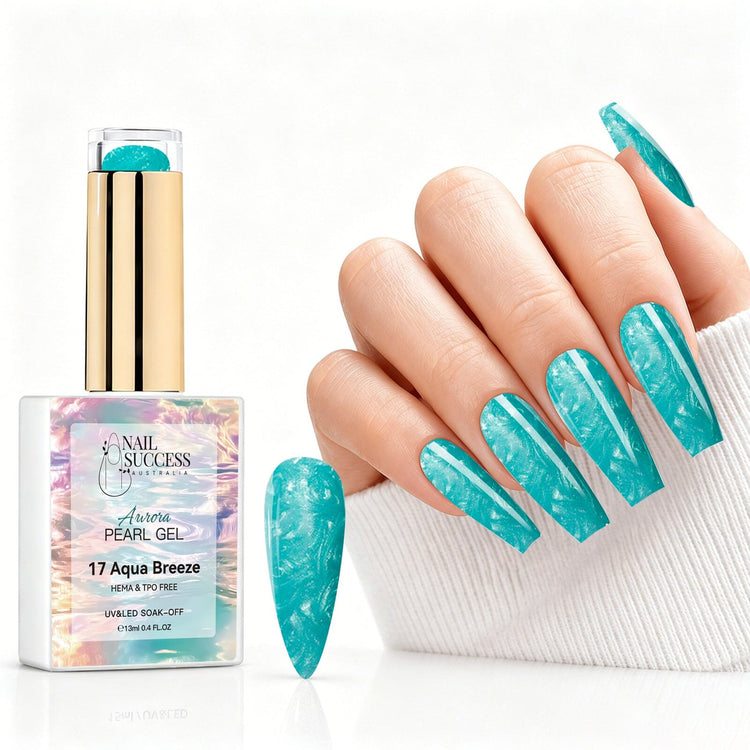 Aqua Breeze aurora pearl gel polish with turquoise pearl shimmer swatch and matching manicure for HEMA and TPO free salon nails