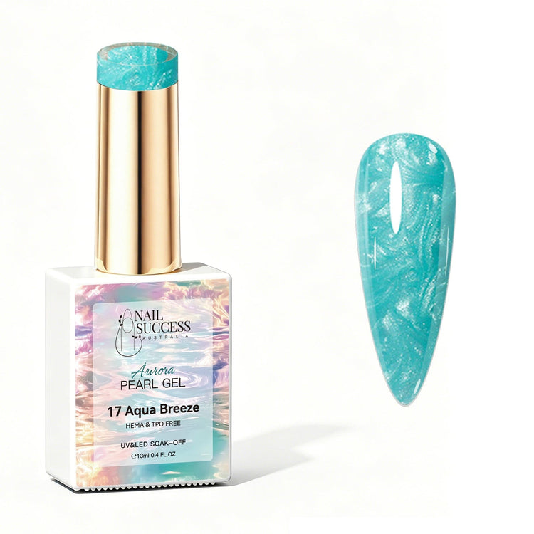 Nail Success Australia Aurora Pearl Gel in Aqua Breeze, shown with aqua blue pearl shimmer swatch and glossy soak-off gel polish finish