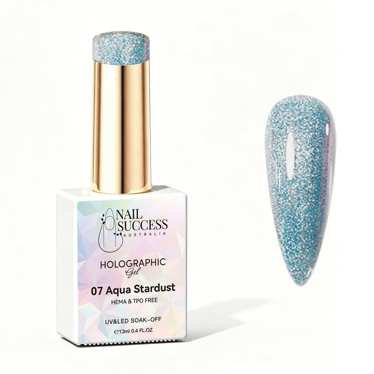 Nail Success Australia Aqua Stardust holographic gel polish bottle with glossy aqua blue holographic nail colour swatch