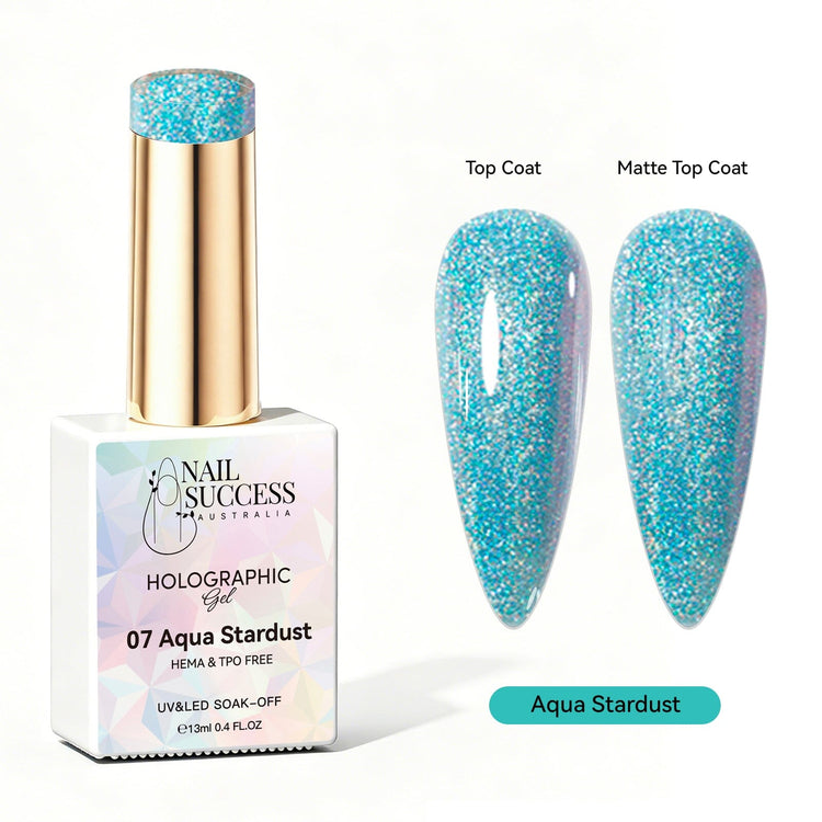 Nail Success Australia Aqua Stardust holographic gel polish with top coat and matte top coat swatches