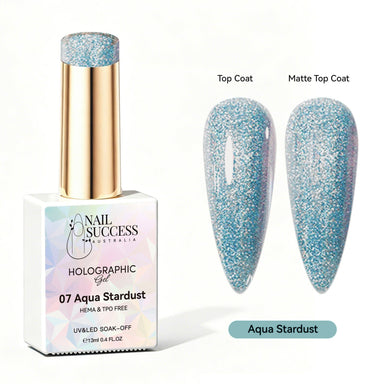 Nail Success Australia Aqua Stardust holographic gel polish with top coat and matte top coat swatches