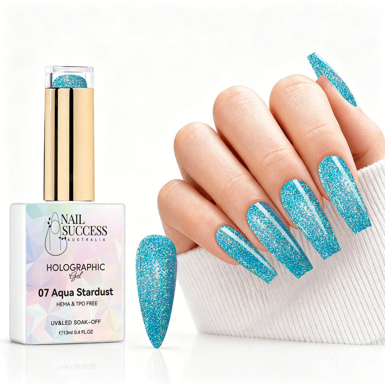 Aqua Stardust holographic gel polish with aqua blue glitter swatch and matching manicure for HEMA and TPO free salon nails