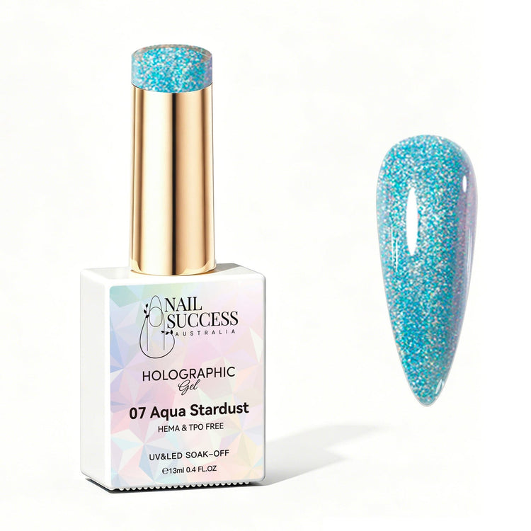 Nail Success Australia Aqua Stardust holographic gel polish bottle with glossy aqua blue holographic nail colour swatch