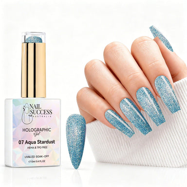 Aqua Stardust holographic gel polish with aqua blue glitter swatch and matching manicure for HEMA and TPO free salon nails