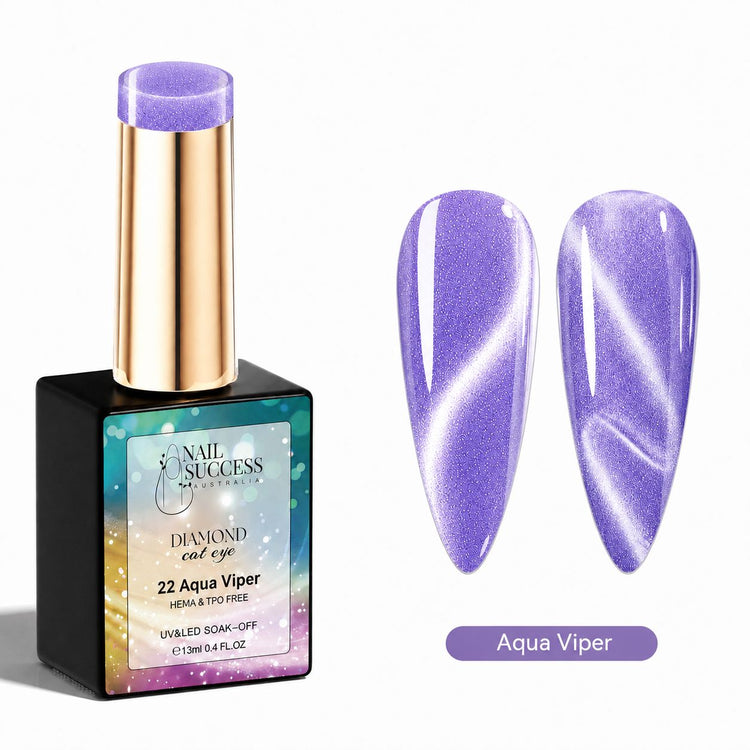 Aqua Viper HEMA- and TPO-free purple Diamond Cat Eye Gel Polish with two magnetic nail swatches – Nail Success Australia