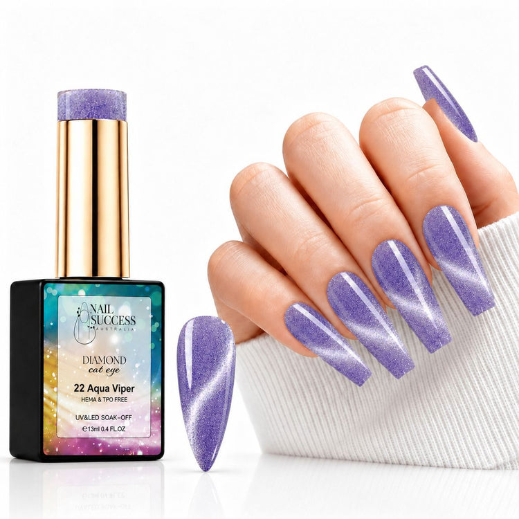 Aqua Viper HEMA- and TPO-free purple Diamond Cat Eye Gel Polish with matching magnetic manicure and nail swatch – Nail Success Australia