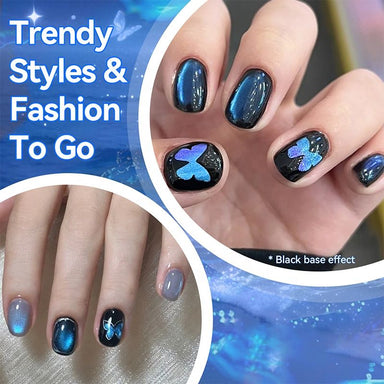 Blue Tears aurora cat eye gel polish nail designs – blue shimmer on black base with butterfly effect