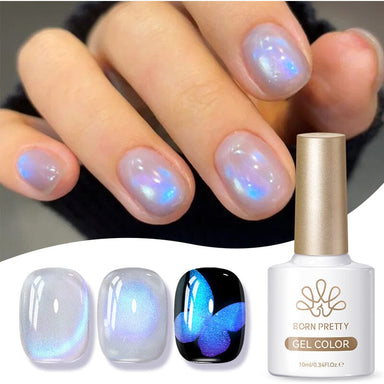 Born Pretty Aurora Blue Tears cat eye gel polish – iridescent blue shimmer swatch and bottle