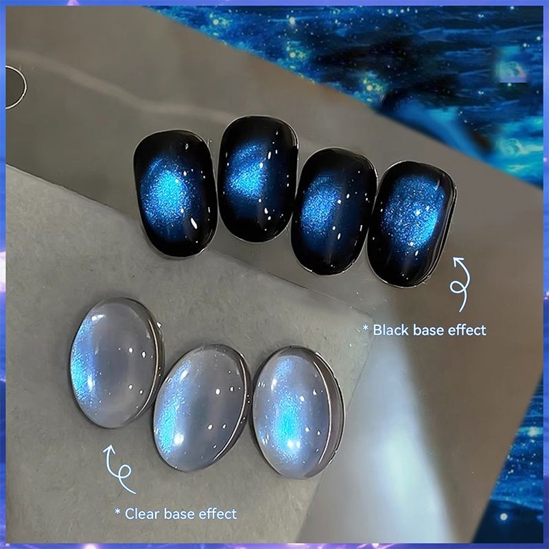 Blue Tears aurora cat eye gel polish swatch comparison – black base effect vs clear base effect