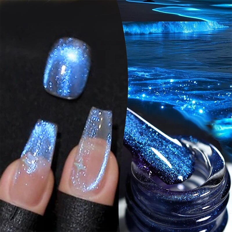 Aurora Blue Tears cat eye gel polish – blue shimmer nail look with brush texture close-up