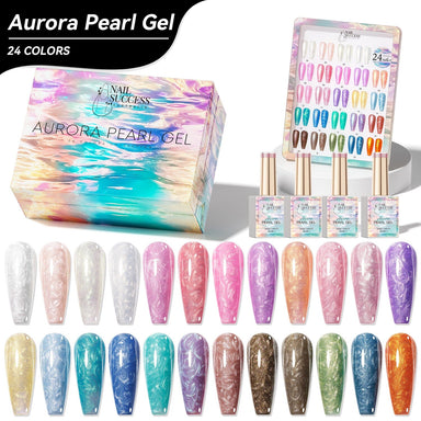Nail Success Australia Aurora Pearl Gel 24-colour kit with gift box, gel bottles and pearlescent shade chart
