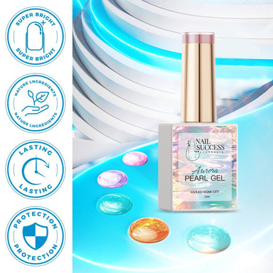 LED soak-off gel polish with bright finish and protective formula icons