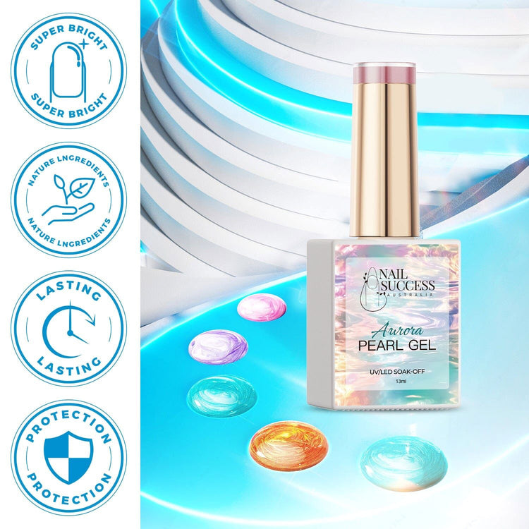 LED soak-off gel polish with bright finish and protective formula icons