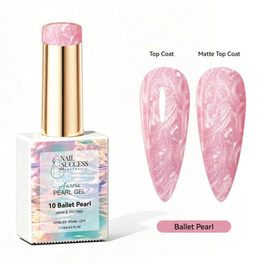 Ballet Pearl Aurora Pearl Gel Polish with soft pink pearl shimmer swatches in top coat and matte finish