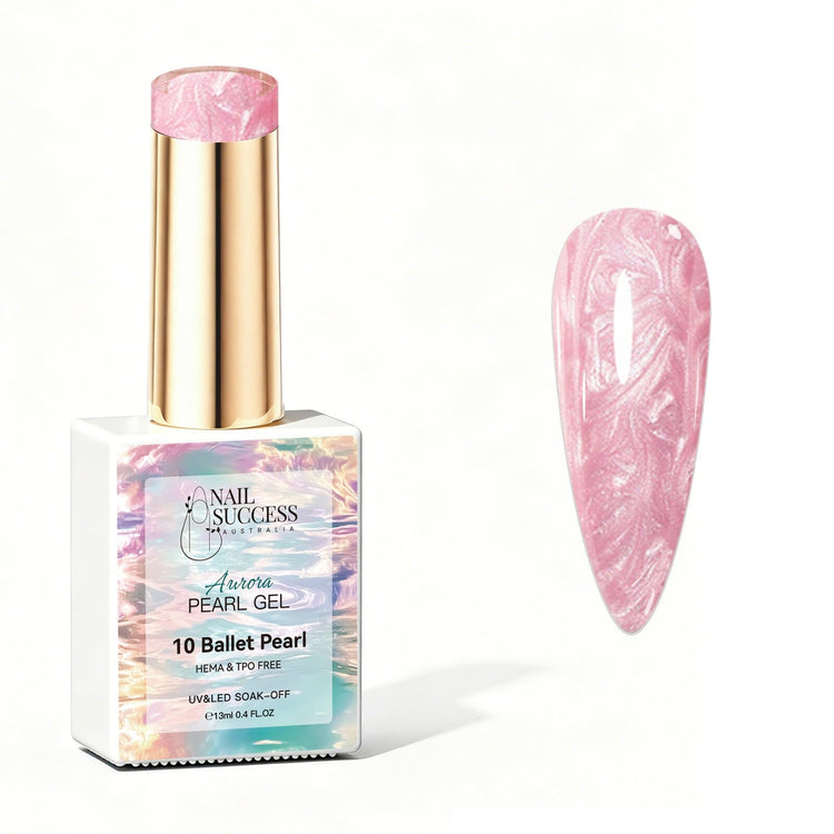 Ballet Pearl Aurora Pearl Gel Polish with soft pink pearl shimmer swatch and glossy nail finish