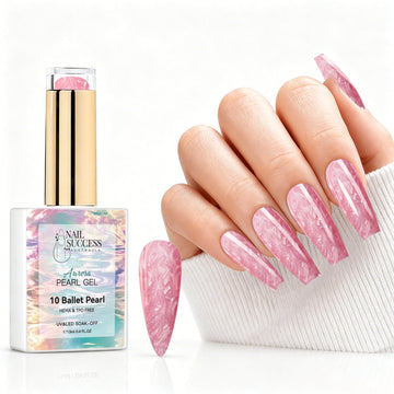 Ballet Pearl aurora pearl gel polish with soft pink pearl shimmer swatch and matching manicure for HEMA and TPO free salon nails