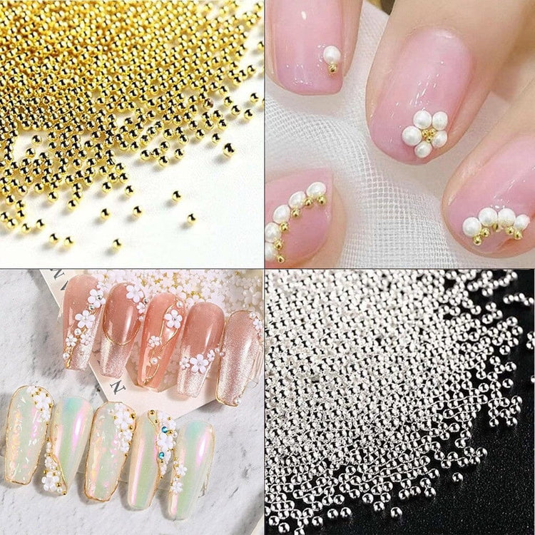 Gold and silver caviar bead nail art with pearl flower accents and manicure design samples