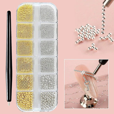 Gold and silver caviar bead nail art set with picker tool, chain detail beads and manicure design sample
