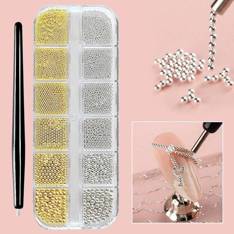 Gold and silver caviar bead nail art set with picker tool, chain detail beads and manicure design sample