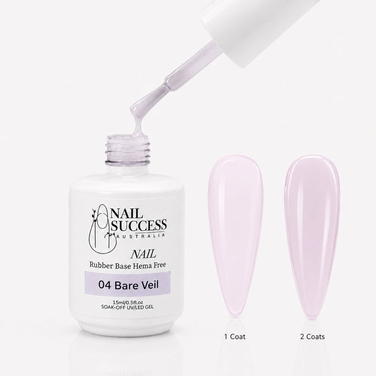 Bare Veil Rubber Base Gel - open bottle with brush and swatches