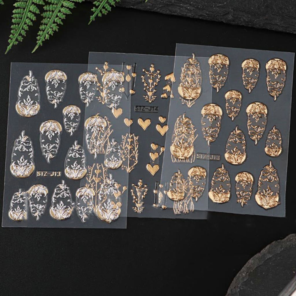 NSI Australia Baroque Nail Art Stickers STZ-J13 & STZ-J14 – gold and silver ornate floral decals on clear sheets for gel or acrylic nails